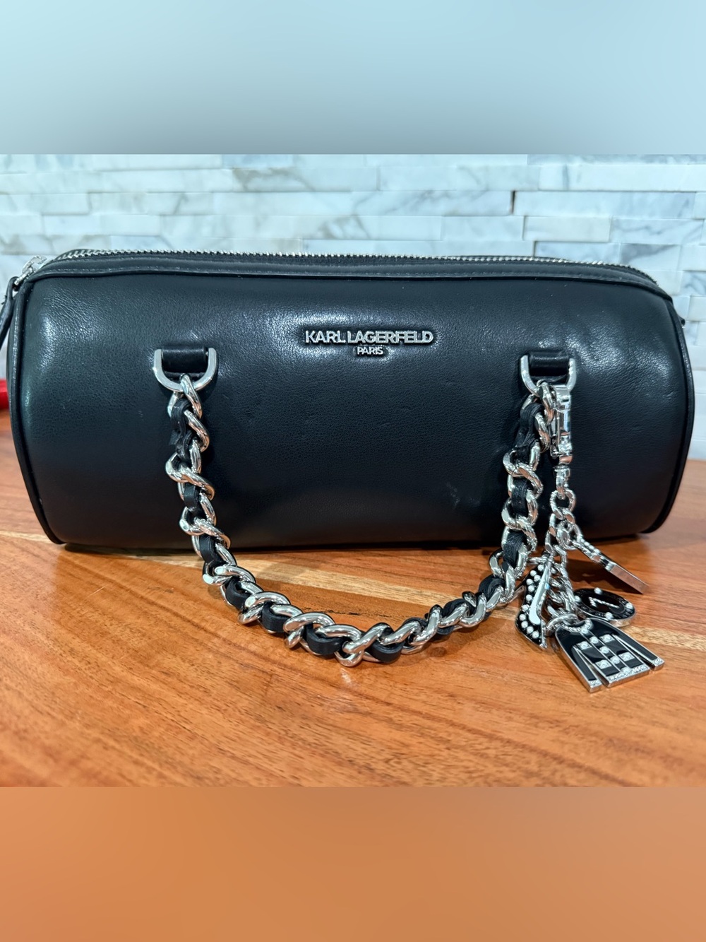 Karl Lagerfeld Paris Delaine Black Leather Shoulder Bag with Silver Chain Strap